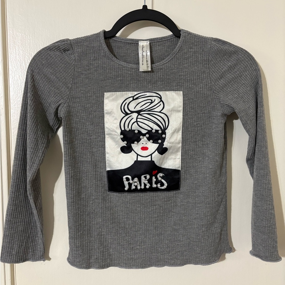 Trendy Paris Girl Graphic Tee Long Sleeve Ribbed Gray Shirt Size 10/12